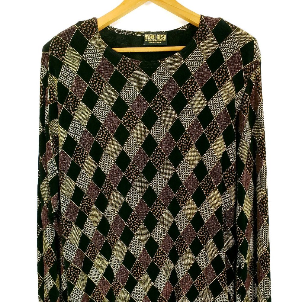 Marshall Rousso Top Women's XL Black Multicolor Diamond Argyle Design Las Vegas